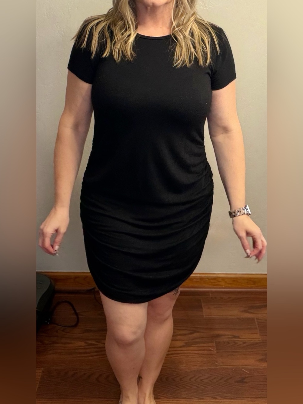 ANTISTAR Black Ruched Bodycon Mini Dress Size L Short Sleeve